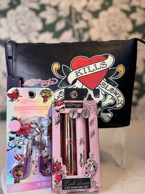 Ed Hardy BUNDLE of Black Tattoo Graphic Cosmetic Bag, Curler, Mascara NWT